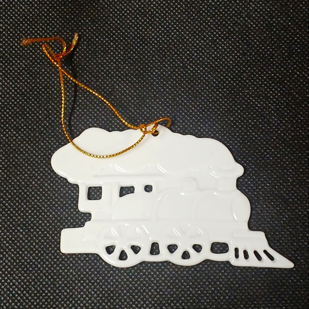 Vintage White Ceramic Locomotive Train Christmas Ornament
